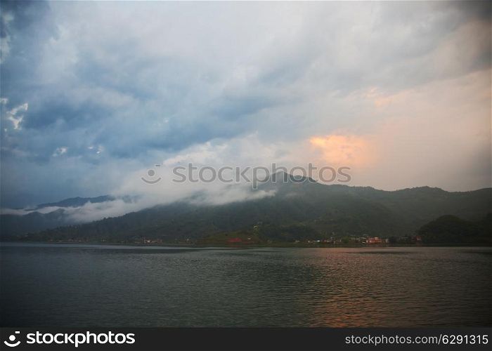 landscape with lake and mountains. Pokhara, Nepal