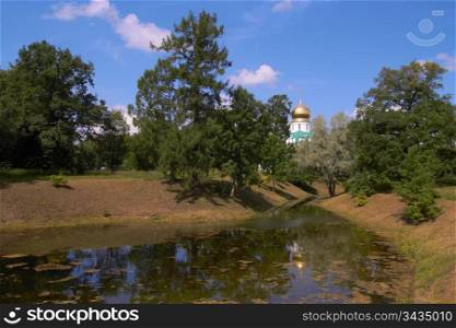 landscape with marshed pond in front of tzar&rsquo;s fedorovsky cathederal in tsarskoe selo. Russia