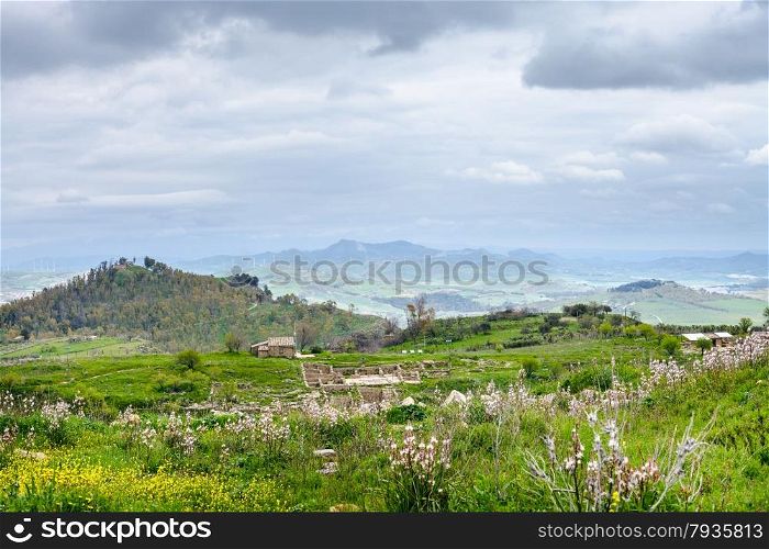 landscape with Morgantina archaeological site in Sicily in spring, Italy