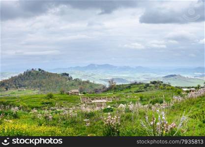 landscape with Morgantina archaeological site in Sicily in spring, Italy