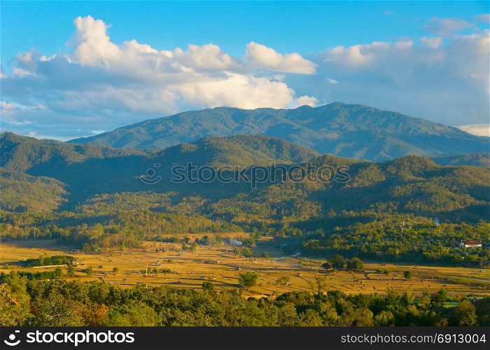 Landscape with mountains and rice fields. Pai, Thailand