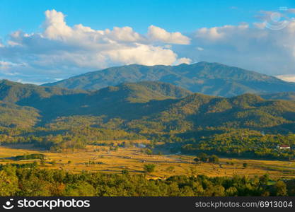 Landscape with mountains and rice fields. Pai, Thailand