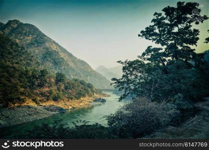 Landscape with mountains and river. Rishikesh, India