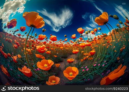 Landscape with nice sunset over poppy field - panorama. Neural network AI generated art. Landscape with nice sunset over poppy field - panorama. Neural network AI generated