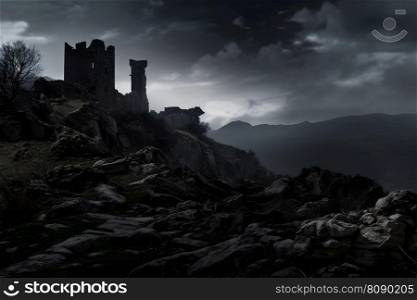 Landscape with old castle at night. Neural network AI generated art. Landscape with old castle at night. Neural network AI generated