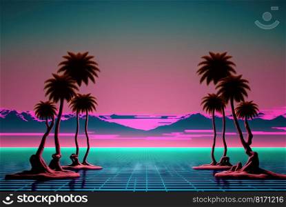 Landscape with palm trees and clouds in vaporwave style. Generated AI. Landscape with palm trees and clouds in vaporwave style. Generated AI.