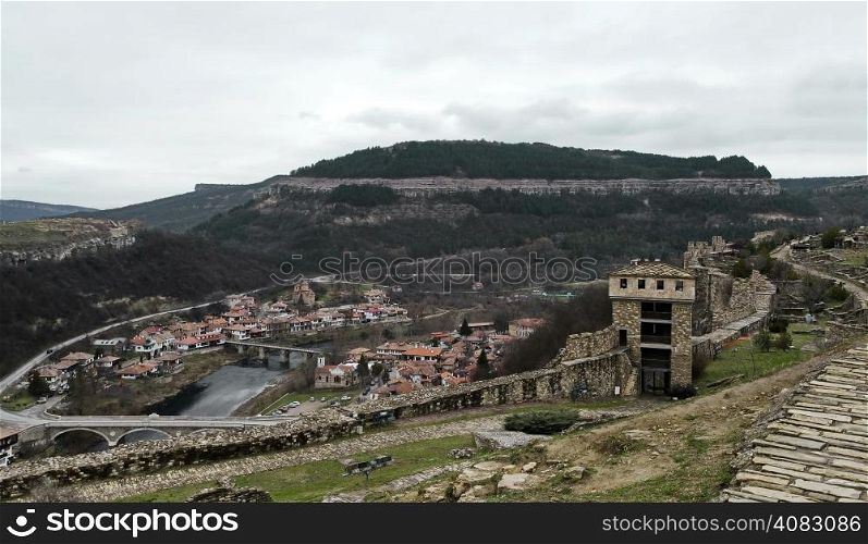 Landscape with ruin and houses in Veliko Tarnovo, Bulgaria