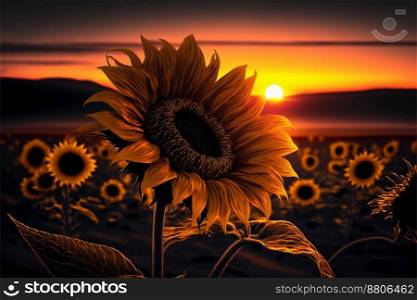 Landscape with sunflowers at sunset