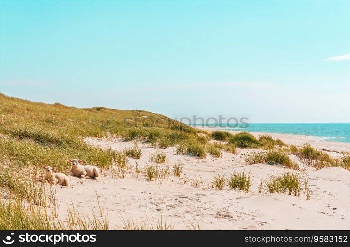 Landscape with the beach on Sylt island, in North Sea, Germany. Beautiful nature with marram grass dunes and the blue water sea