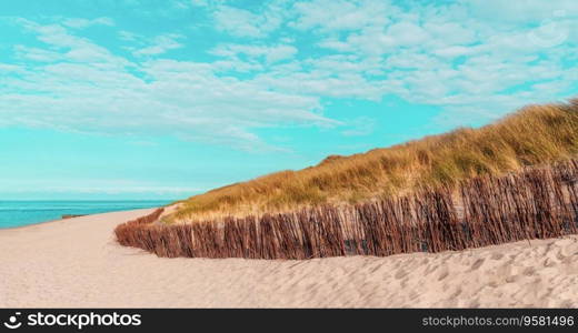 Landscape with the beautiful beach on Sylt island under a blue sky. Beautiful summer scenery in North Sea, Germany