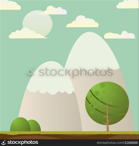 Landscape with tree and mountains, abstract card