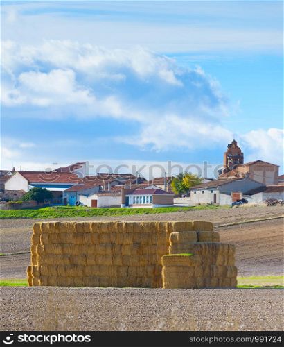 Landscape with village and stack of hay. Spain
