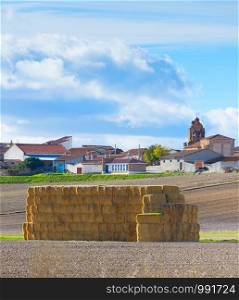 Landscape with village and stack of hay. Spain
