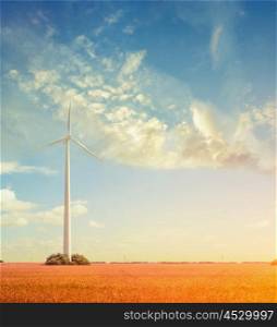 landscape with wind Generators , field and sky, ecology concept