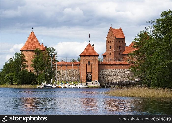 Landscape with yachts, boating lake and Trakai Castle