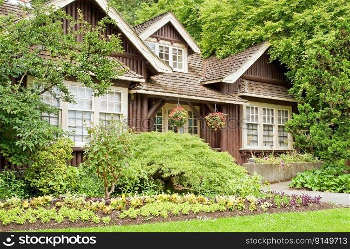 Landscaped log cottage in woods