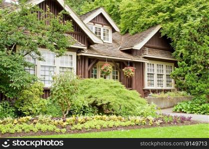 Landscaped log cottage in woods