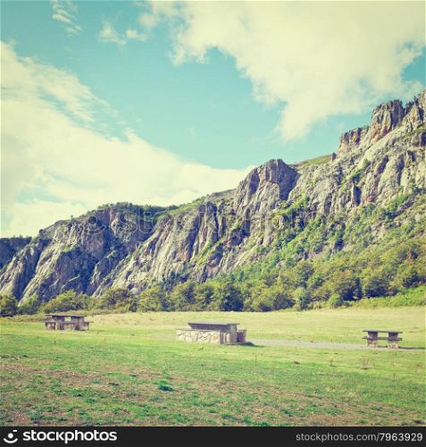 Landscaped Park with Benches for Resting in the Valley of the Cantabrian Mountains in Spain, Instagram Effect