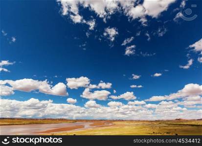 Landscapes in Bolivia, altiplano, desert and green landscapes, sand and water, sky and earth. Beautiful views of South America