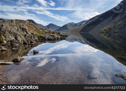 Landscapes. Lake District mountains landscape reflected in still lake of Wast Water