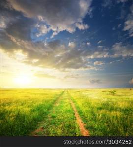 Lane in meadow and deep blue sky. Nature design. . Lane in meadow and deep blue sky.