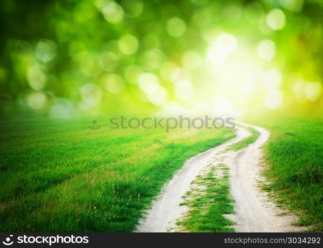 Lane in meadow and deep blue sky. Nature design.. Way to sun