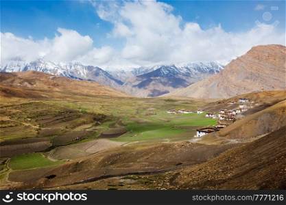 Langza village in Himalayas. Spiti Valley, Himachal Pradesh, India. Langza village in Himalayas