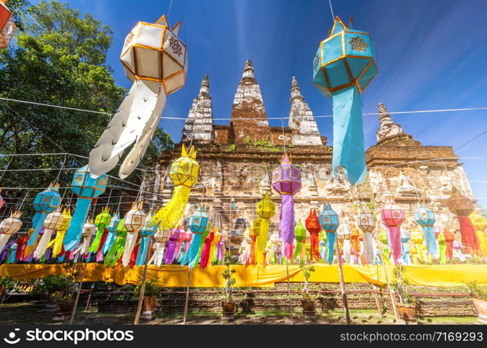 Lanna lantern are northern thai style lanterns in Loi Krathong or Yi Peng Festival at Wat Chet Yot, seven pagoda temple is a Buddhist temple is a major tourist attraction in Chiang Mai,Thailand.