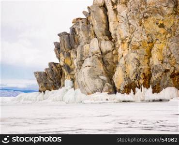 Lanscape of island in Frozen Lake Baikal with Ice and snow