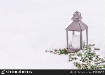 Lantern and balls in the snow. Lantern with Christmas decoration. Christmas lantern with snowfall. Lantern in the snow. Lantern on a Christmas background