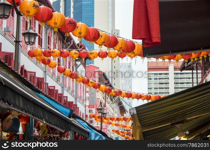 Lanterns hanging in the street to celebrate the year of the goat
