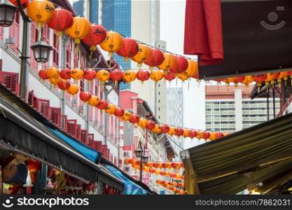 Lanterns hanging in the street to celebrate the year of the goat