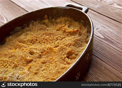 Lanttulaatikko - turnip casserole with breadcrumbs, butter, cinnamon.Finnish cuisine