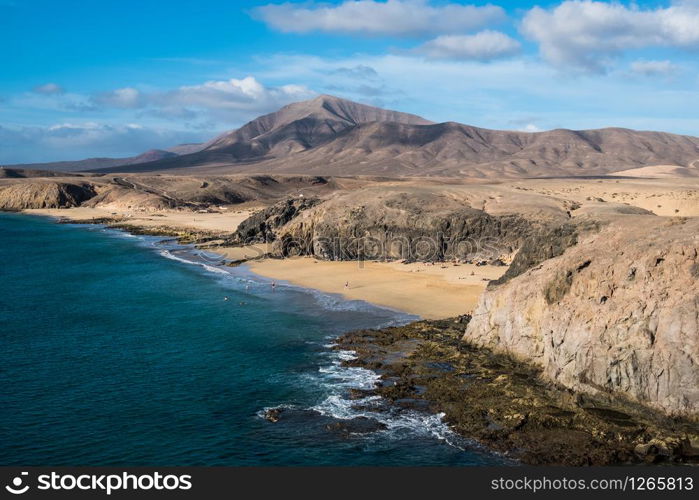 Lanzarote island volcanic coastline landscape. Beach and ocean view. Canary Island, Spain