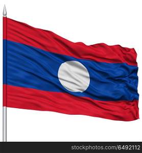 Laos Flag on Flagpole , Flying in the Wind, Isolated on White Background