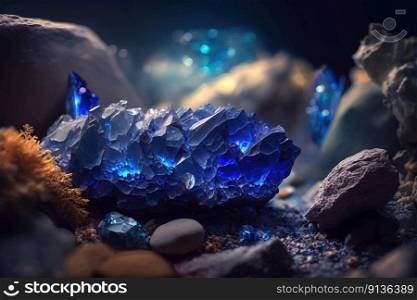 Lapis lazuli crystal, artificial illustration of the shimmering mineral, arranged and presented in a dark cave, made with generative ai