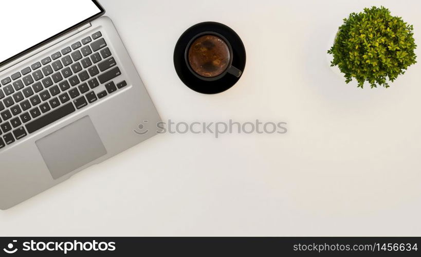 Laptop and black coffee cup and small plant on white desk background 3D rendering