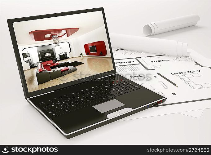Laptop and blueprint of housing project 3d render