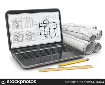 Laptop and blueprint with house project. 3d