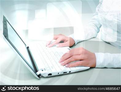 Laptop and business person against technology background