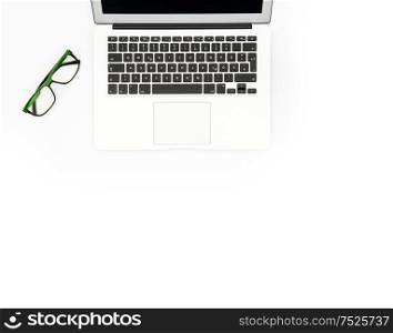 Laptop and glasses on white background. Office workplace. Flat lay mock up