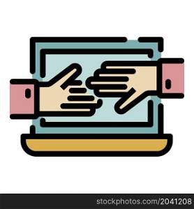 Laptop and hands icon. Outline laptop and hands vector icon color flat isolated. Laptop and hands icon color outline vector