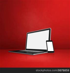 Laptop and mobile phone on red office desk. 3D Illustration. Laptop and mobile phone on red office desk