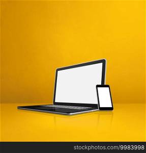 Laptop and mobile phone on yellow office desk. 3D Illustration. Laptop and mobile phone on yellow office desk