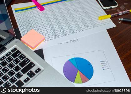 laptop and post it business financial document data graph.