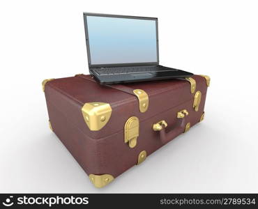 Laptop and suitcase on white isolated background. 3d