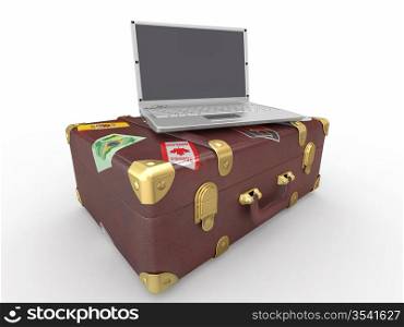 Laptop and suitcase on white isolated background. 3d