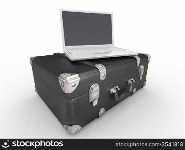 Laptop and suitcase on white isolated background. 3d