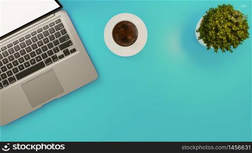 Laptop and white coffee cup and small plant on light blue desk background 3D rendering