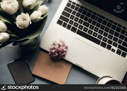 laptop and white tulips on wood background, AI Generative